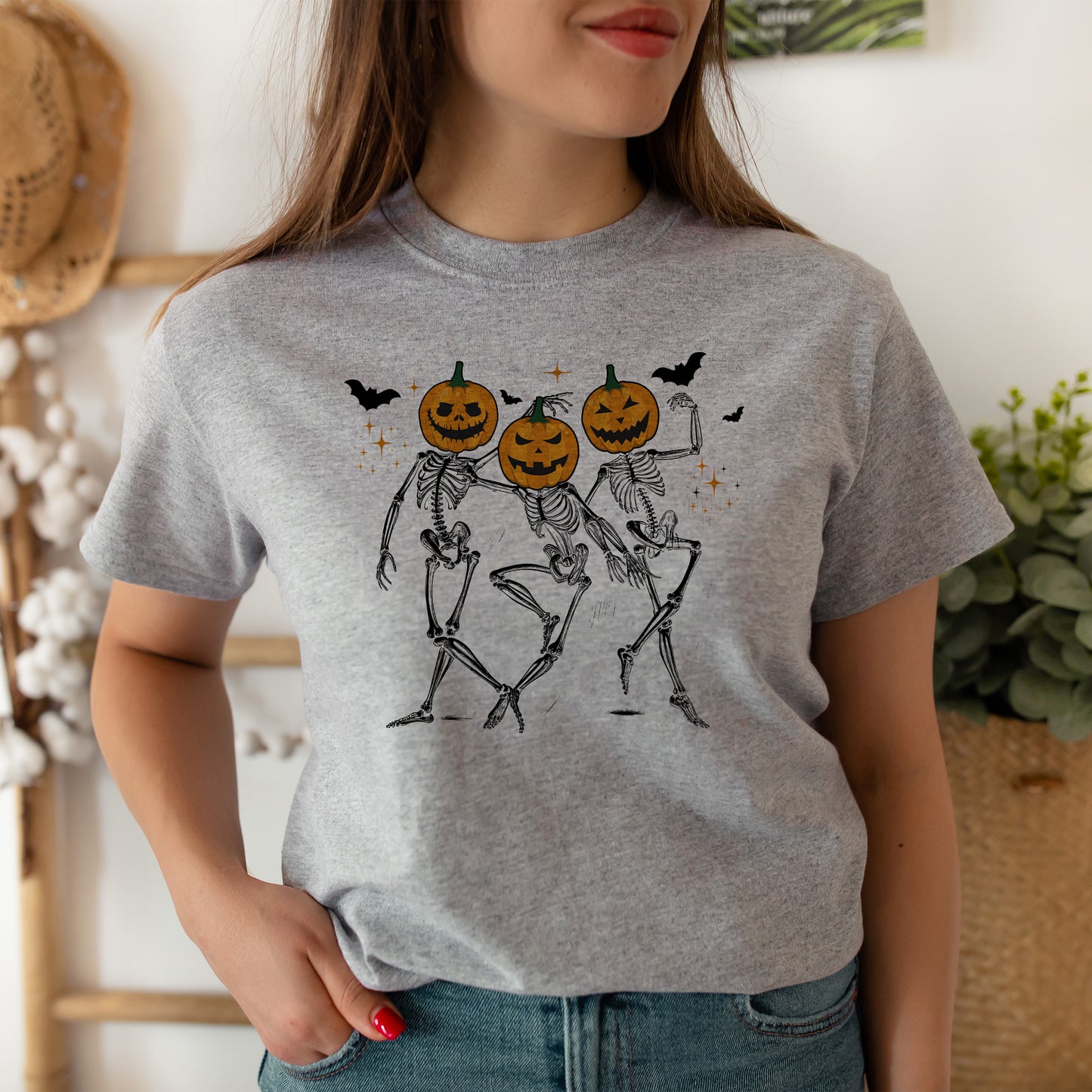 Dancing Pumpkin Skeletons - Unisex Halloween T-Shirt